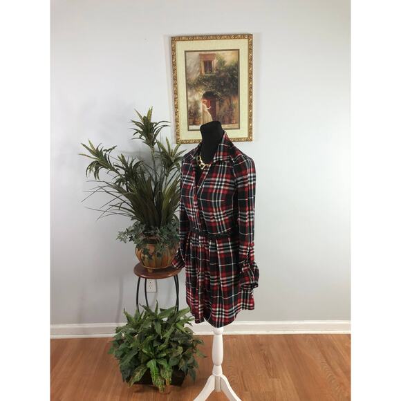 Derek Heart Shirt Dress Women Small Red Black Plaid Long Sleeve Stretch Casual - Picture 3 of 11